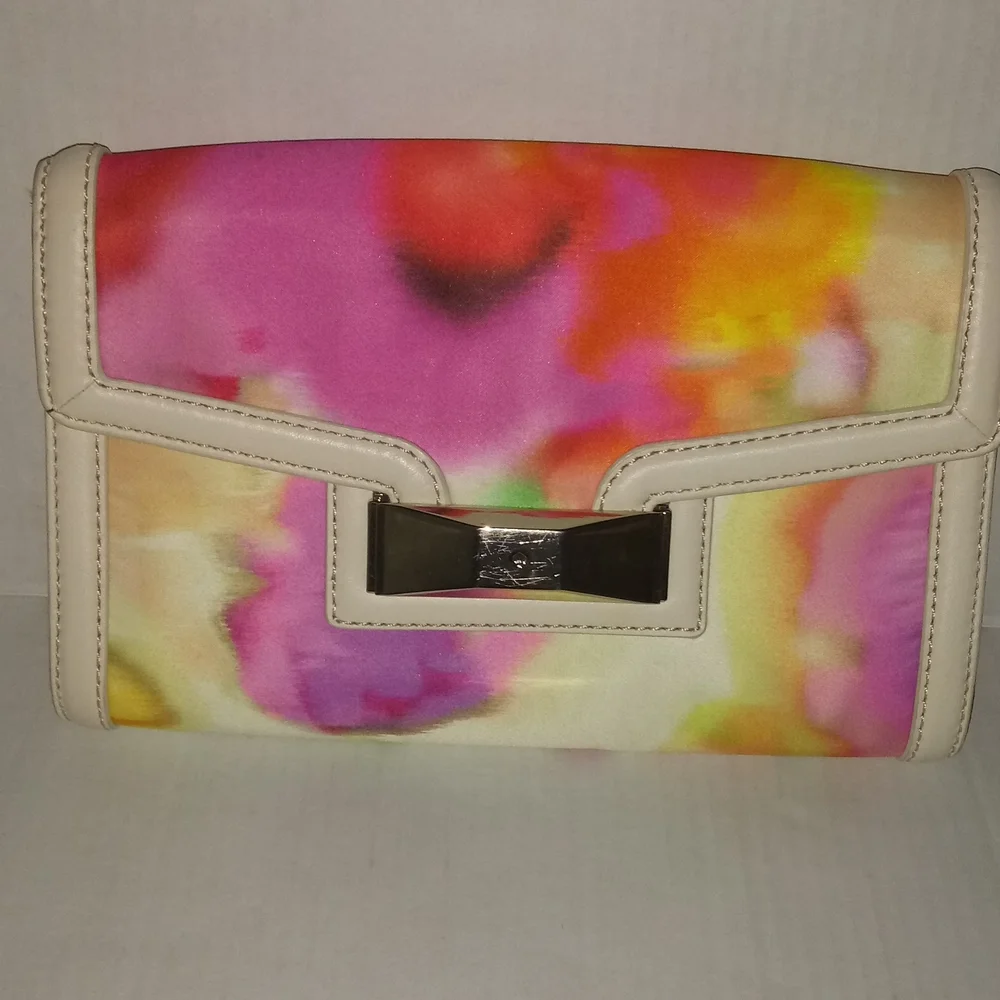 KATE SPADE MULTI COLOR SATIN CLUTCH WITH LEATHER TRIM - Picture 2 of 13
